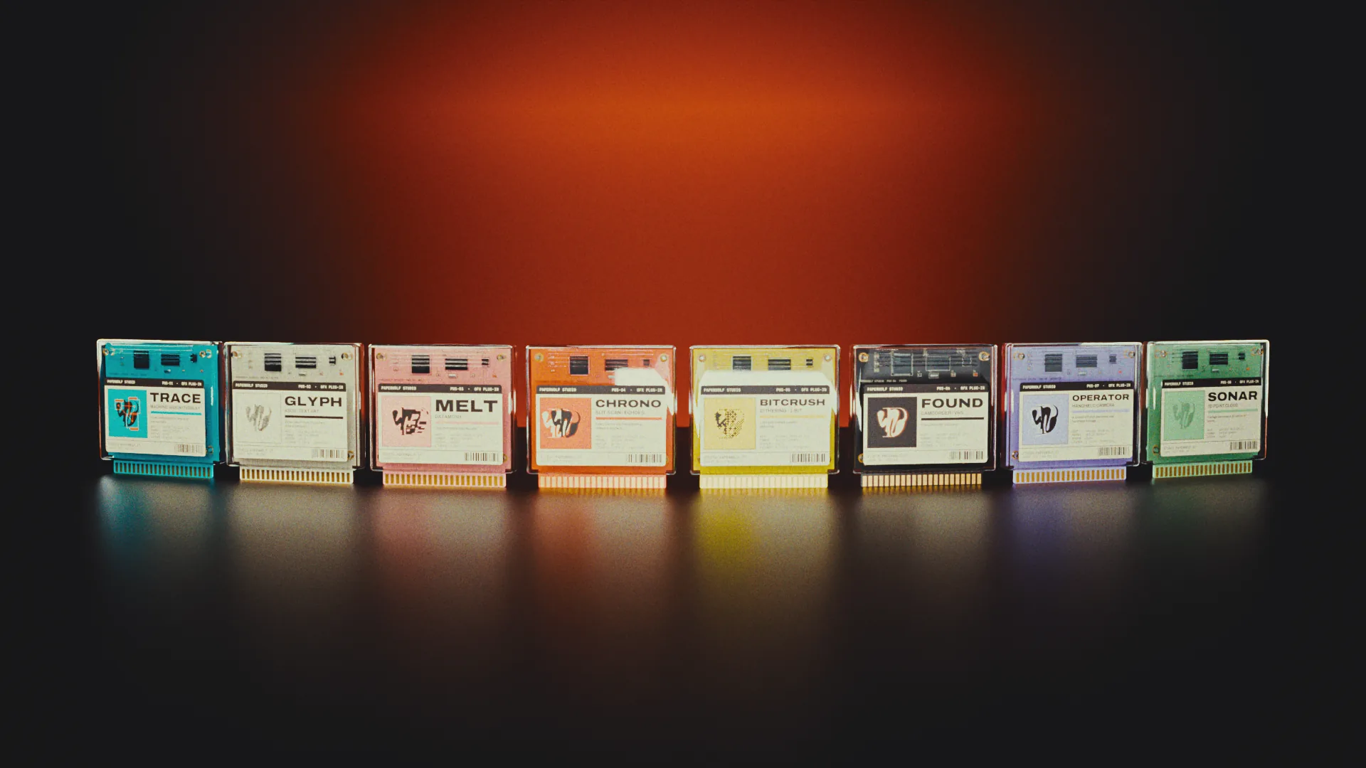 The 8 Paperwolf Studio cartridges in a row